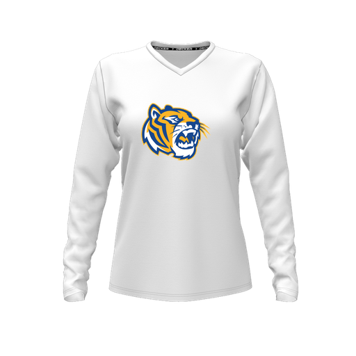 [CUS-DFW-TEES-CMF-VNK-LSL-WHT-FYXS-LOGO2] Decker Comfort T-Shirt (Female Youth XS, White, V Neck, Logo 2, Long Sleeve)