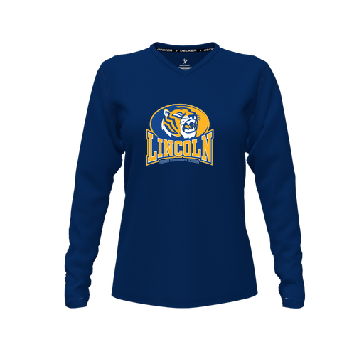 [FTLVCFNV-FYXS-LOGO3] Decker Comfort T-Shirt (Female Youth XS, Navy, V Neck, Logo 3, Long Sleeve)