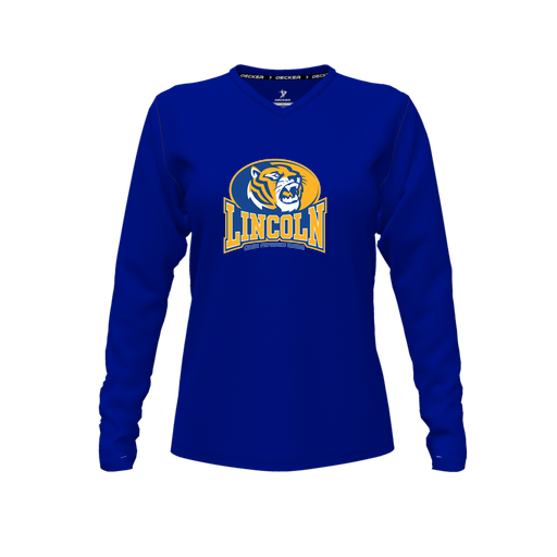 [CUS-DFW-TEES-CMF-VNK-LSL-RYL-FYXS-LOGO3] Decker Comfort T-Shirt (Female Youth XS, Royal, V Neck, Logo 3, Long Sleeve)