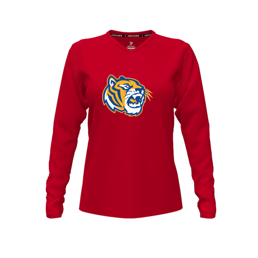 [CUS-DFW-TEES-CMF-VNK-LSL-RED-FYXS-LOGO2] Decker Comfort T-Shirt (Female Youth XS, Red, V Neck, Logo 2, Long Sleeve)