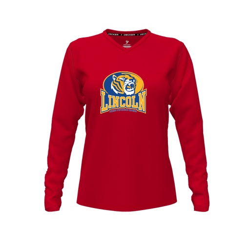 [FTLVCFRD-FYXS-LOGO3] Decker Comfort T-Shirt (Female Youth XS, Red, V Neck, Logo 3, Long Sleeve)