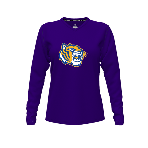 [CUS-DFW-TEES-CMF-VNK-LSL-PUR-FYXS-LOGO2] Decker Comfort T-Shirt (Female Youth XS, Purple, V Neck, Logo 2, Long Sleeve)
