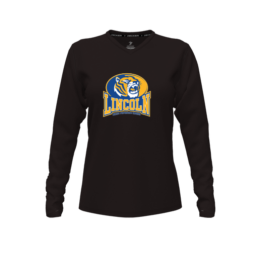 [CUS-DFW-TEES-PER-VNK-LSL-BLK-FYXS-LOGO3] Decker Performance T-Shirt (Female Youth XS, Black, V Neck, Logo 3, Long Sleeve)