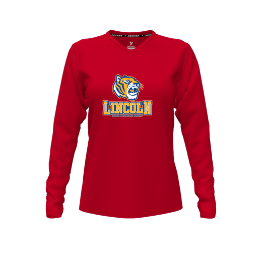 [CUS-DFW-TEES-PER-VNK-LSL-RED-FYXS-LOGO1] Decker Performance T-Shirt (Female Youth XS, Red, V Neck, Logo 1, Long Sleeve)