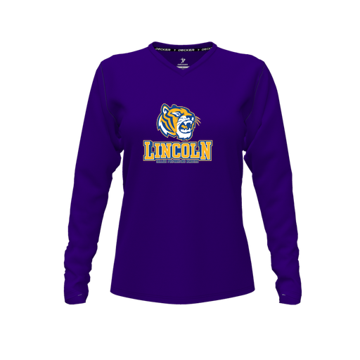 [CUS-DFW-TEES-PER-VNK-LSL-PUR-FYXS-LOGO1] Performance T-Shirt (Female Youth XS, Purple, V Neck, Logo 1, Long Sleeve)